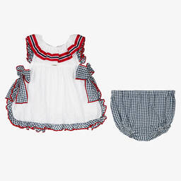 Foque-Girls White & Blue Cotton Dress Set | Childrensalon Outlet