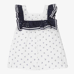 Foque-Girls White & Navy Blue Cotton Dress | Childrensalon Outlet