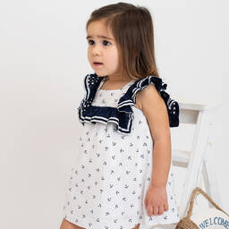 Foque-Girls White & Navy Blue Cotton Dress | Childrensalon Outlet