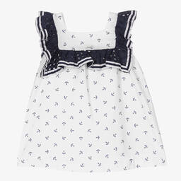 Foque-Girls White & Navy Blue Cotton Dress | Childrensalon Outlet