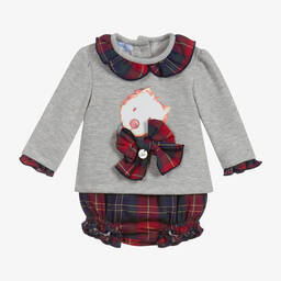 Foque-طقم شورت تارتان قطن لون رمادي وأحمر- قطعتين | Childrensalon Outlet