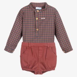 Foque-طقم شورت أطفال ولادي قطن كاروهات لون أحمر ورمادي | Childrensalon Outlet