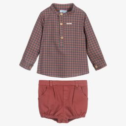 Foque-طقم شورت أطفال ولادي قطن كاروهات لون أحمر ورمادي | Childrensalon Outlet