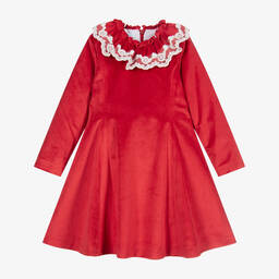 فوكيه-فستان مخمل ودانتيل لون أحمر وعاجي | Childrensalon Outlet