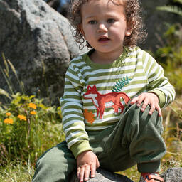 Frugi-Green & White Stripe Cotton Fox Top | Childrensalon Outlet