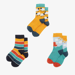 فروجي-جوارب قطن عضوي محبوك لون أصفر وأزرق (عدد 3) | Childrensalon Outlet