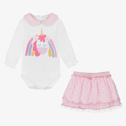 إف إس بيبي-Baby Girls White & Pink Cotton Skirt Set | Childrensalon Outlet