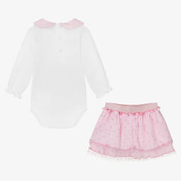 إف إس بيبي-Baby Girls White & Pink Cotton Skirt Set | Childrensalon Outlet