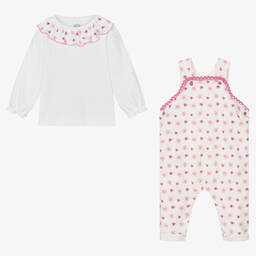 FS Baby-Baby Girls White & Pink Floral Dungaree Set | Childrensalon Outlet