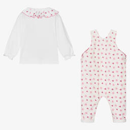FS Baby-Baby Girls White & Pink Floral Dungaree Set | Childrensalon Outlet