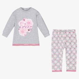 إف إس بيبي-Girls Grey & Pink Floral Trouser Set | Childrensalon Outlet