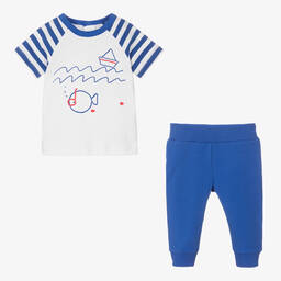FS Baby-White & Blue Cotton Trouser Set | Childrensalon Outlet