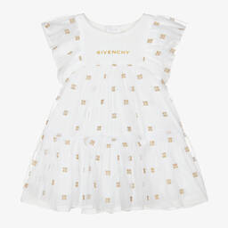 Givenchy-Girls White & Gold 4G Tulle Dress | Childrensalon Outlet