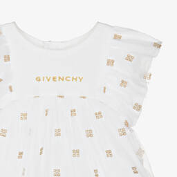 Givenchy-Girls White & Gold 4G Tulle Dress | Childrensalon Outlet