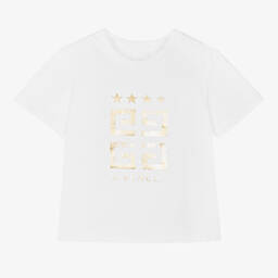 Givenchy-Girls White & Gold Cotton 4G T-Shirt | Childrensalon Outlet