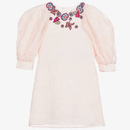 جيفنشي-فستان دانتيل مبطن لون زهري بتطريز ورود | Childrensalon Outlet