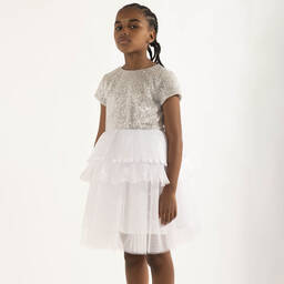 Givenchy-فستان تينز بناتي تول مزين بترتر لون أبيض | Childrensalon Outlet