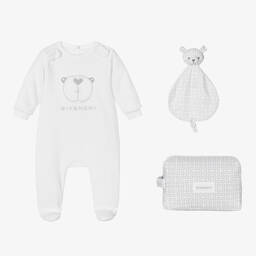 Givenchy-White & Grey Velour 4G Babysuit Gift Set | Childrensalon Outlet