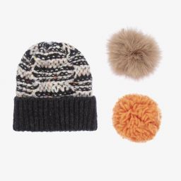 Gorros Navarro-Girls Grey Knitted Hat Set  | Childrensalon Outlet