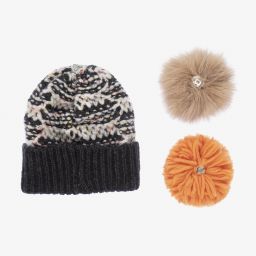 Gorros Navarro-Girls Grey Knitted Hat Set  | Childrensalon Outlet