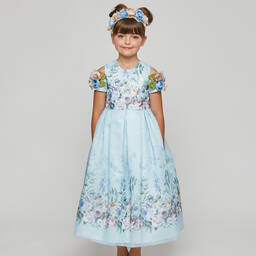 Graci-فستان قطن فوال لون أزرق بطبعة ورود | Childrensalon Outlet