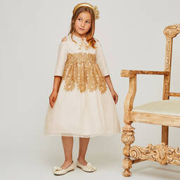 Graci-Кремовое платье с золотистым кружевом | Childrensalon Outlet