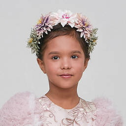 غراتسي-طوق للشعر ساتان لون عاجي وزهري مطرز بورود | Childrensalon Outlet