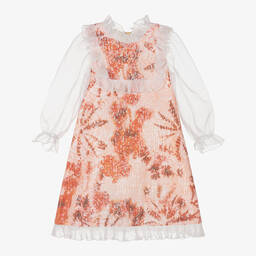 غراتسي-فستان أورغانزا لون برتقالي وأبيض مزين بترتر | Childrensalon Outlet