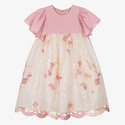 Graci-فستان ساتان ودانتيل مطرز لون زهري | Childrensalon Outlet