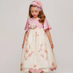 Graci-فستان ساتان ودانتيل مطرز لون زهري | Childrensalon Outlet