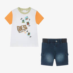 Guess-Baby Boys White & Blue Cotton Shorts Set | Childrensalon Outlet