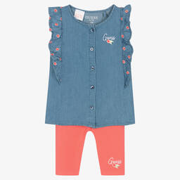 Guess-Baby Girls Chambray Blouse & Pink Leggings Set | Childrensalon Outlet