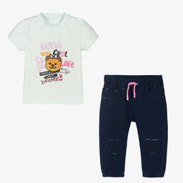 جيس-طقم بنطلون قطن جيرسي لون أخضر وأزرق للمولودات | Childrensalon Outlet