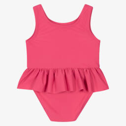 Guess-Baby Girls Pink Triangle Logo Ruffle Swimsuit | Childrensalon Outlet
