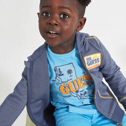 Guess-Boys Blue Cotton Logo T-Shirt | Childrensalon Outlet