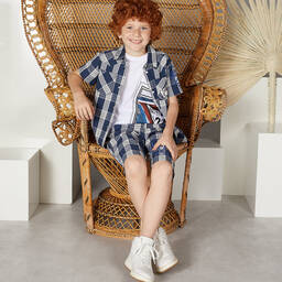 Guess-Boys Blue & White Check Cotton Shorts | Childrensalon Outlet