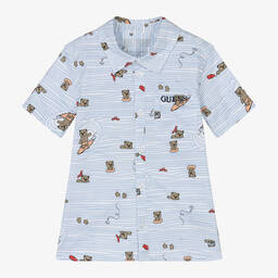 Guess-Бело-голубая хлопковая рубашка с медведями для мальчиков | Childrensalon Outlet