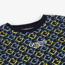 Guess-Футболка из хлопка с узором синяя для мальчиков | Childrensalon Outlet