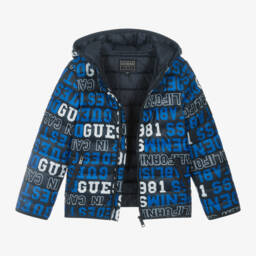 Guess-Boys Navy Hooded Puffer Coat | Childrensalon Outlet