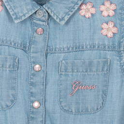 Guess-Голубое платье из шамбре с цветами для девочек | Childrensalon Outlet