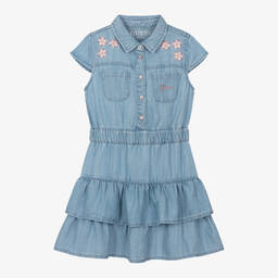 Guess-Голубое платье из шамбре с цветами для девочек | Childrensalon Outlet
