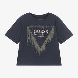 Guess-Girls Blue Cotton Diamanté T-Shirt | Childrensalon Outlet