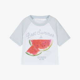 Guess-تيشيرت بناتي أزرق وأبيض بنقشة البطيخ | Childrensalon Outlet