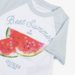 Guess-تيشيرت بناتي أزرق وأبيض بنقشة البطيخ | Childrensalon Outlet