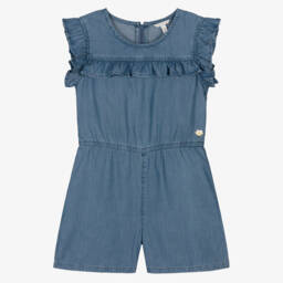 Guess-Girls Chambray Ruffled Blue Romper | Childrensalon Outlet