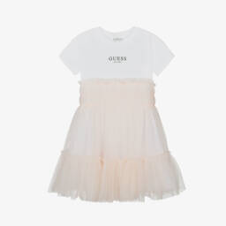 Guess-فستان فاخر للبنات من التول والقطن باللون الوردي | Childrensalon Outlet