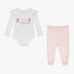 Guess-طقم أفرول قطن لون زهري وأبيض | Childrensalon Outlet