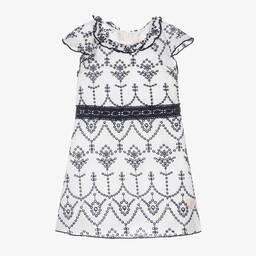 Guess-Girls White & Blue Cotton Broderie Dress | Childrensalon Outlet