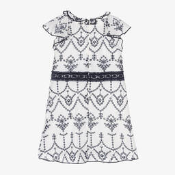 Guess-Girls White & Blue Cotton Broderie Dress | Childrensalon Outlet
