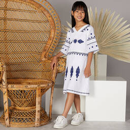 Guess-Girls White & Blue Cotton Dress | Childrensalon Outlet